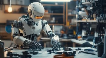 A robotics engineer working on a humanoid robot prototype in a well-lit workshop, surrounded by tools and components